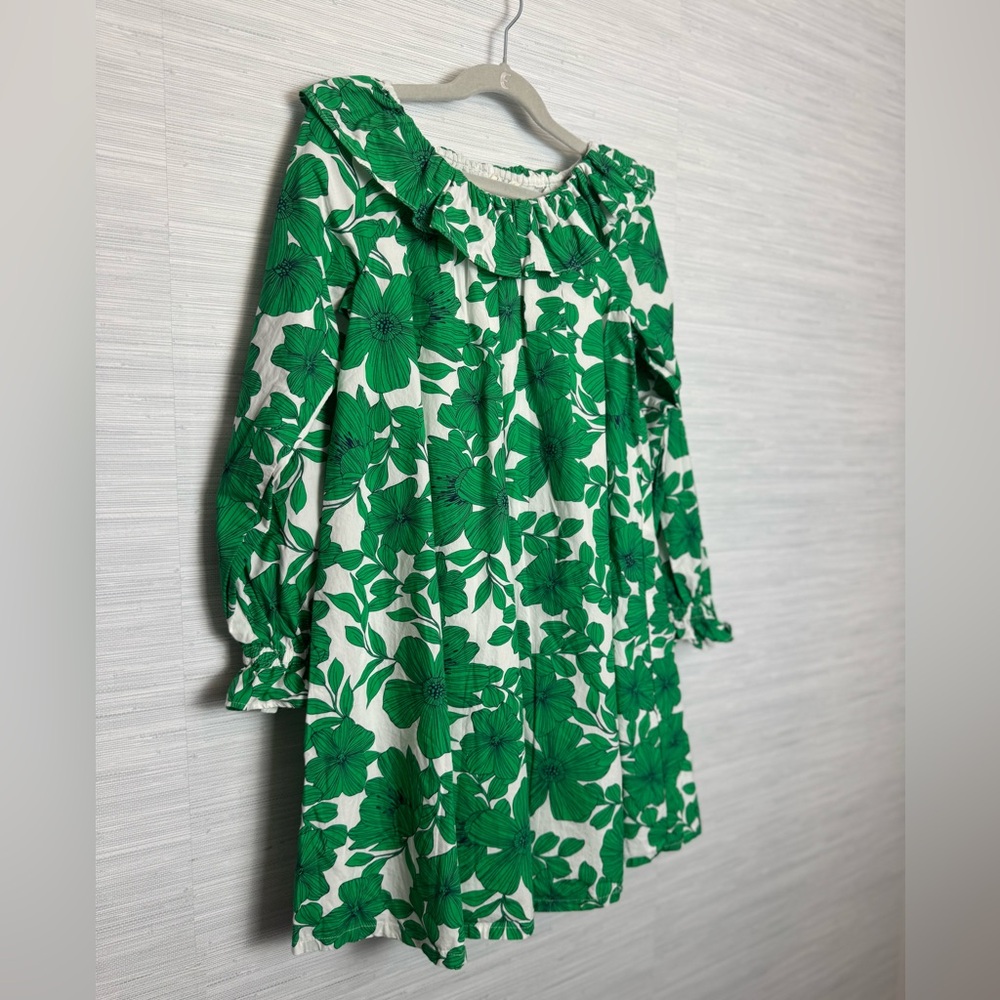 Crewcuts Green Floral Long Sleeve Dress with ruffled sleeve & neckline. Girls 10